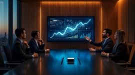 Executives discussing AI-driven data insights in a corporate boardroom meeting