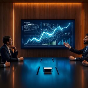 Executives discussing AI-driven data insights in a corporate boardroom meeting