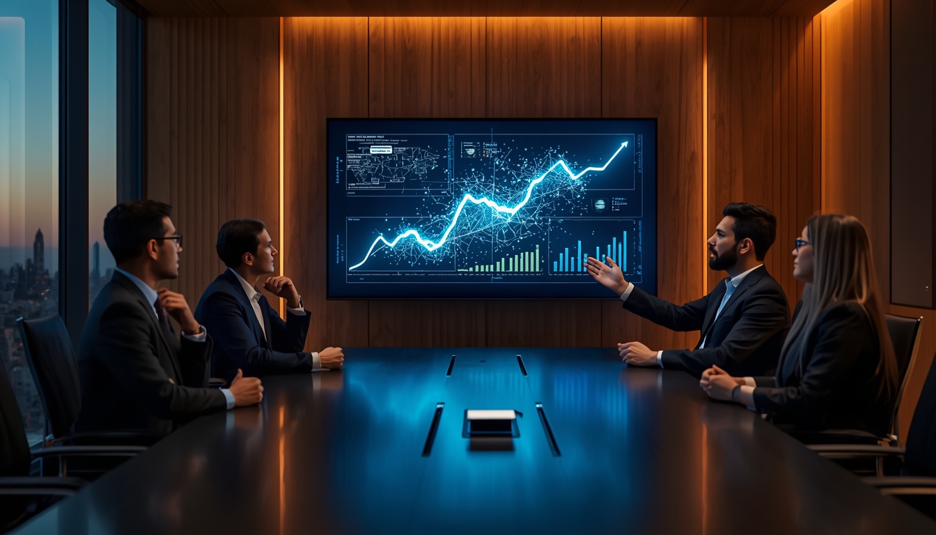 Executives discussing AI-driven data insights in a corporate boardroom meeting